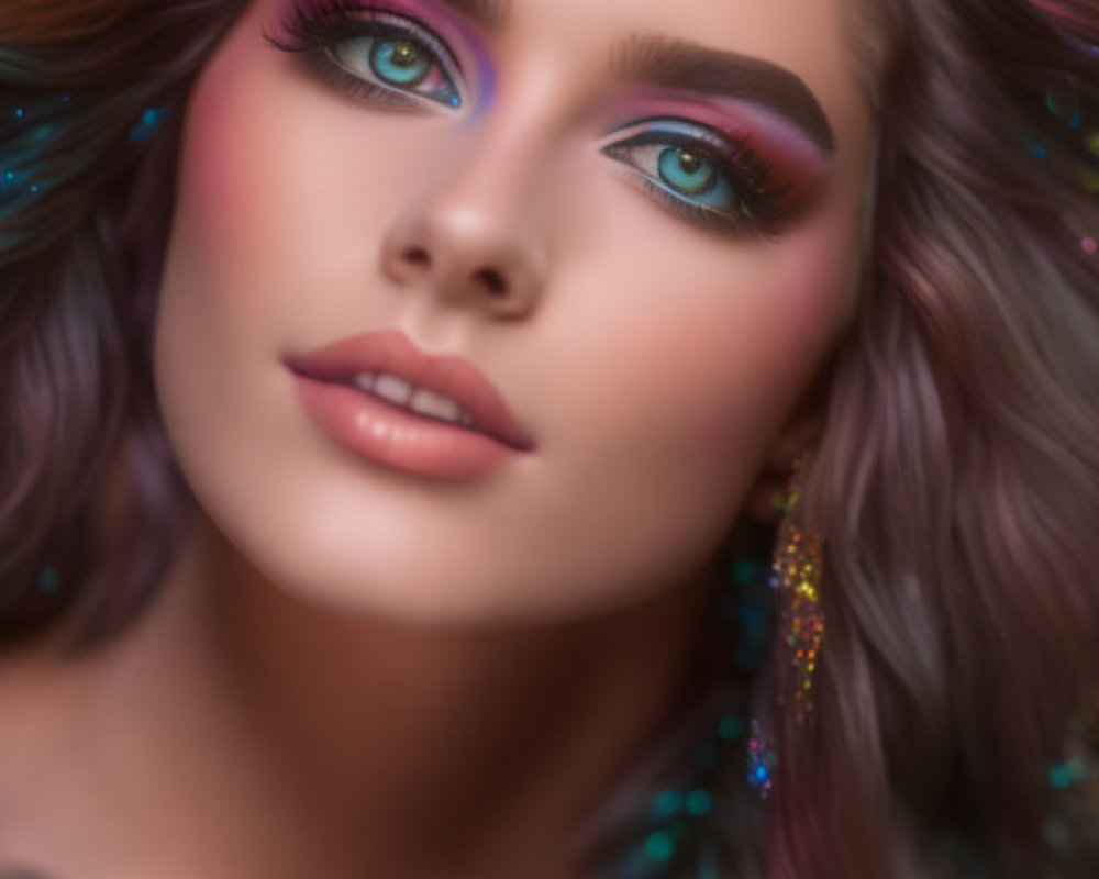 Close-Up of Woman with Vibrant Makeup and Glittery Hair