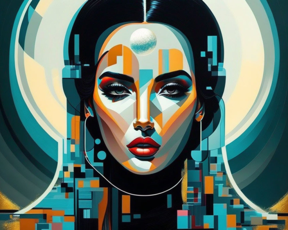 Geometric Cybernetic Woman Face Art in Futuristic Color Palette