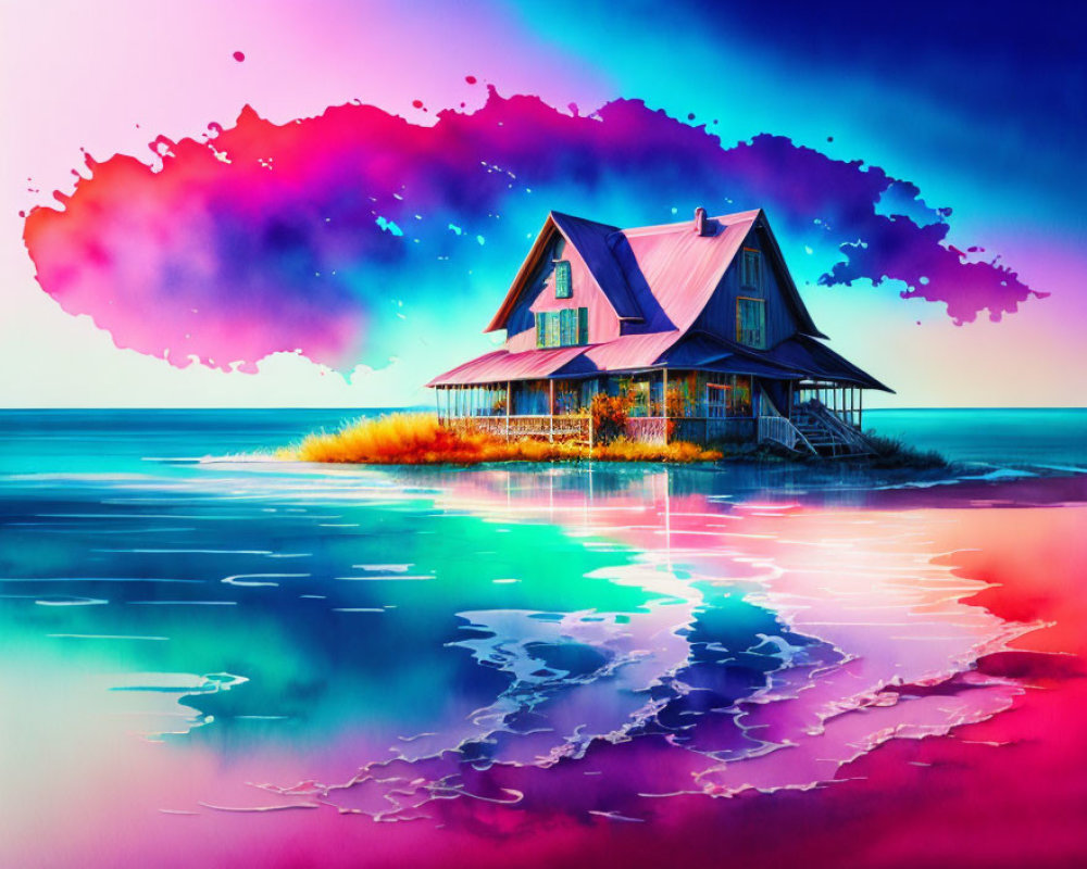 Colorful surreal skies over lone house surrounded by water