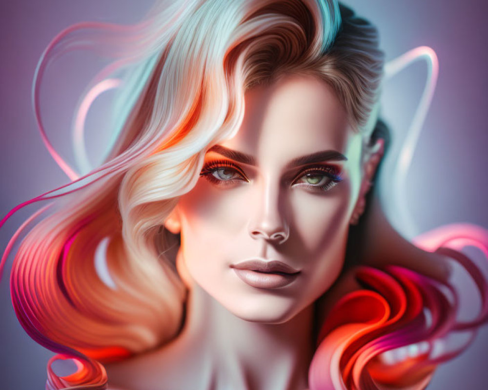 Multicolored hair woman portrait with green eyes on gradient background