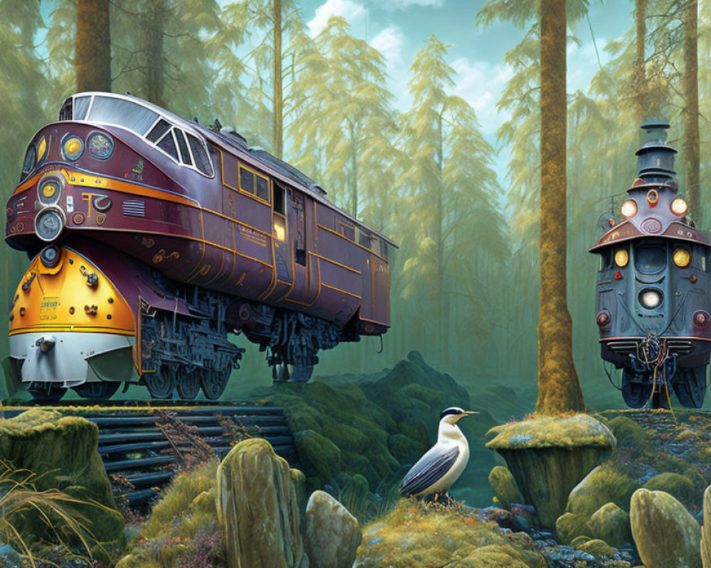 Vintage trains meet in forest with bird: surreal illustration