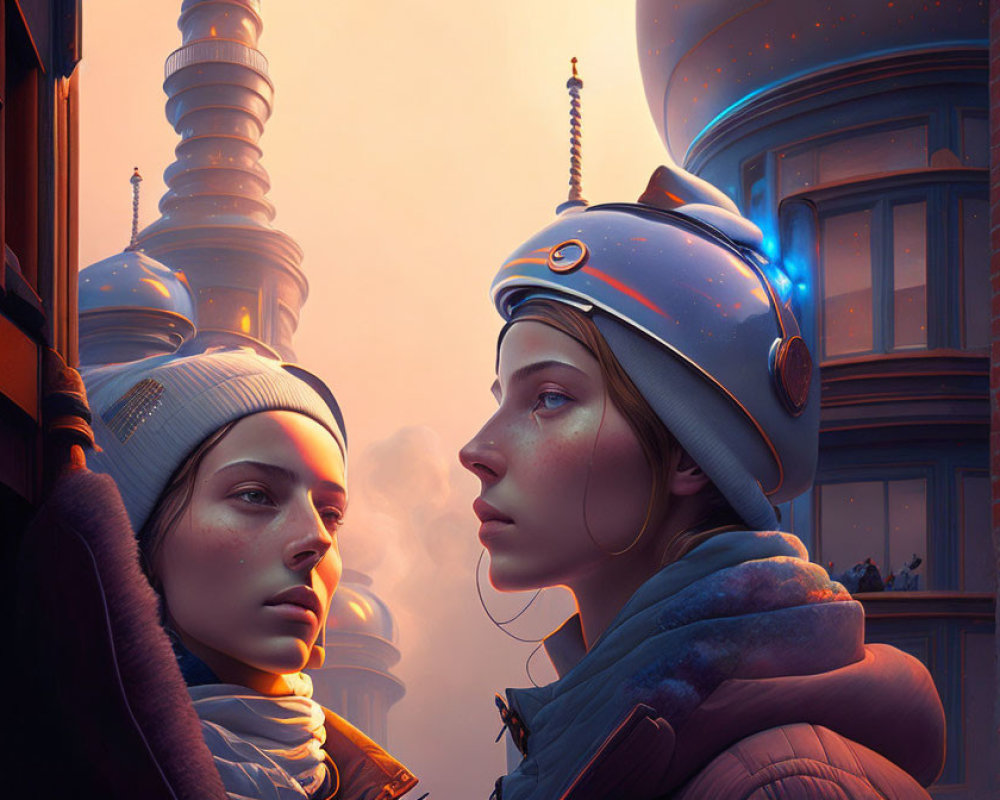 Futuristic individuals in industrial setting with spires and steam