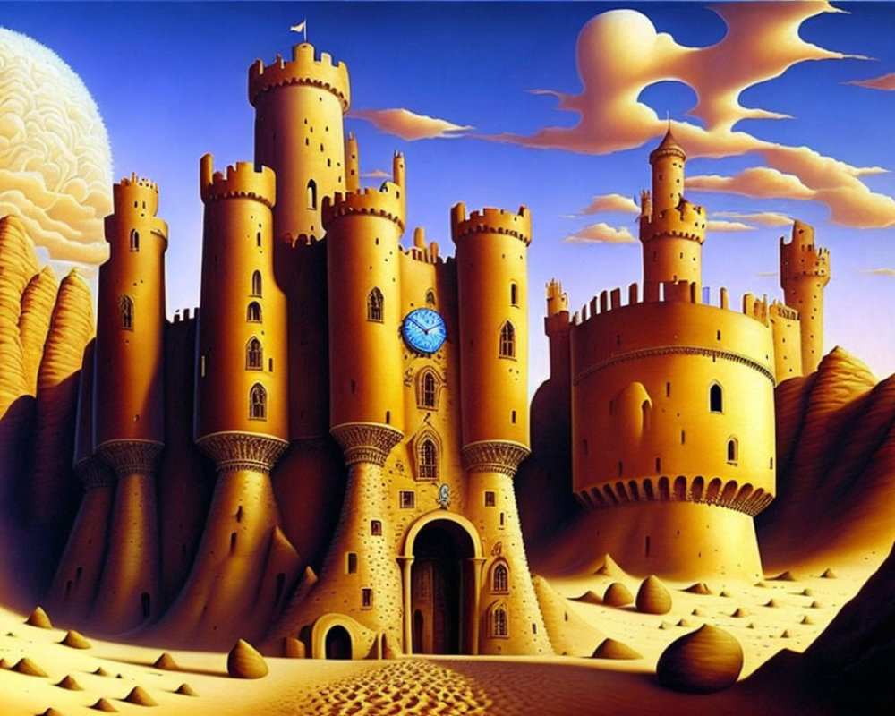 Fantastical sandcastle with towering spires under surreal sky.