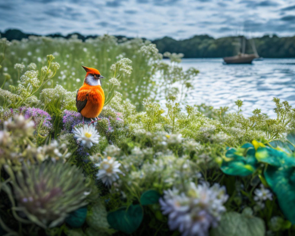 Orange bird in lush greenery by serene lake