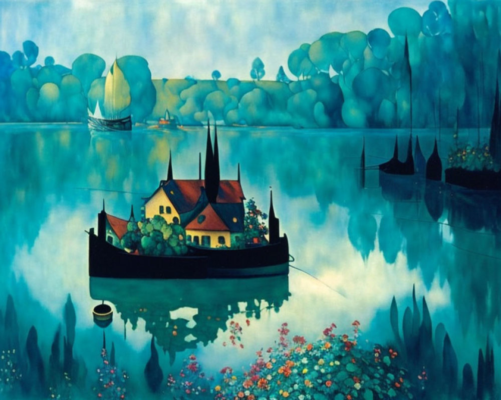 Floating village on ship surrounded by serene waters and colorful flora