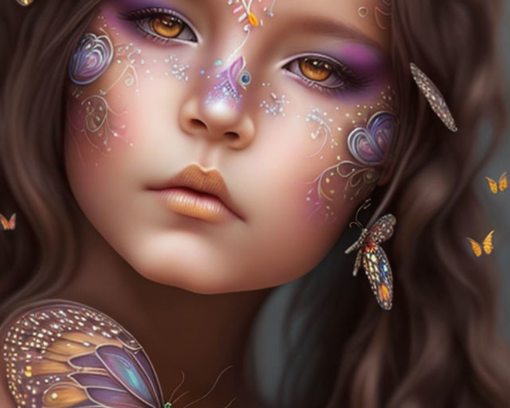 Digital artwork features girl with brown hair and butterfly face paint among realistic butterflies