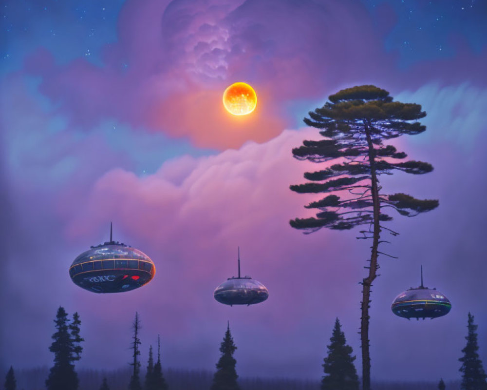 Glowing moon and flying saucers in night sky scene