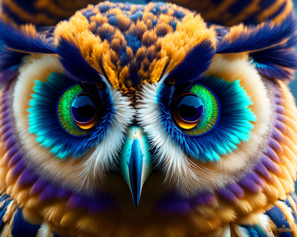 Colorful Owl with Blue-Green Eyes and Patterned Plumage