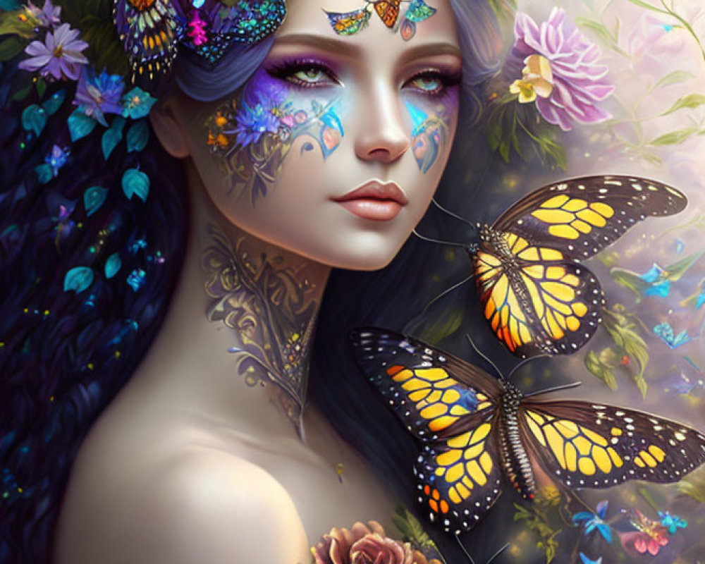 Fantasy illustration of woman with blue hair, butterfly motifs, real butterflies, and floral background