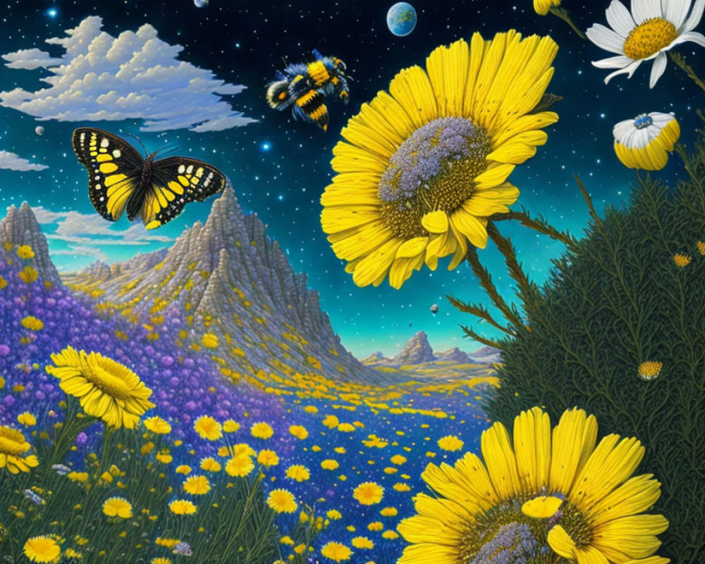 Fantasy landscape with bees, butterfly, flowers, mountains, starry sky, and planet.