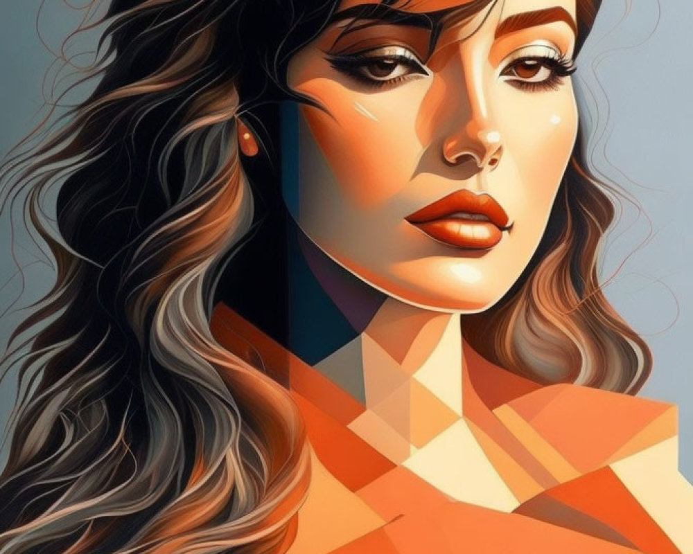 Portrait of woman with wavy hair and geometric shadows combining realism and abstract style
