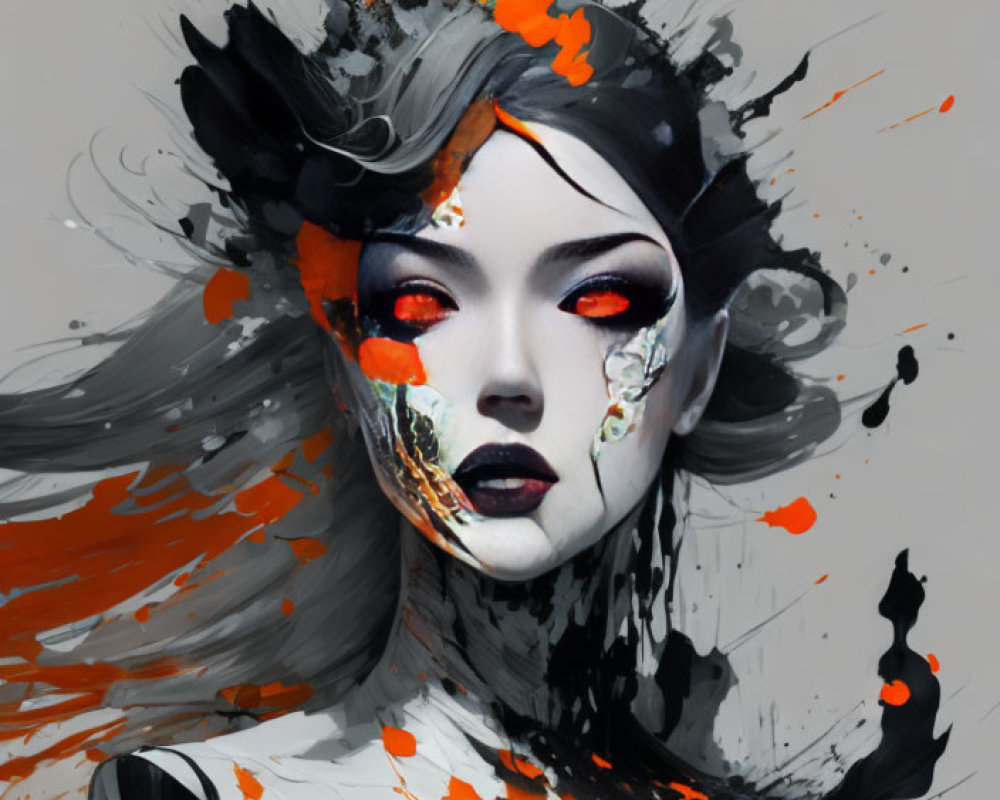Vivid orange and black paint on woman's portrait.