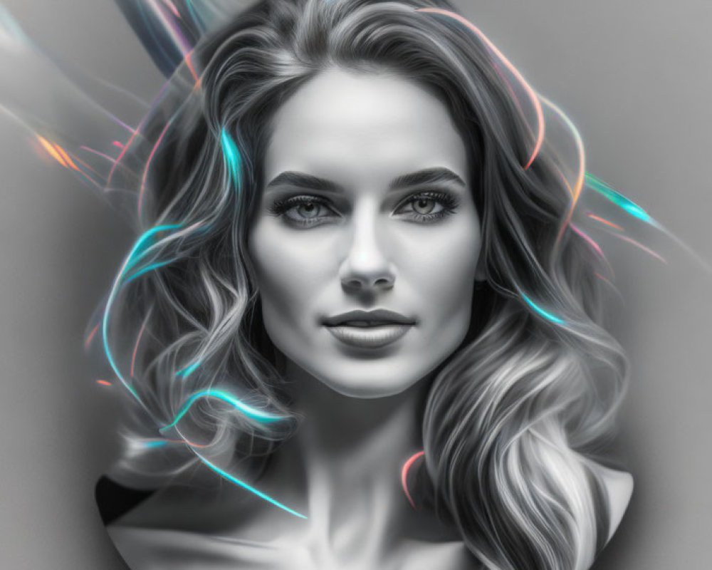 Monochromatic digital portrait of a woman with flowing hair and neon highlights