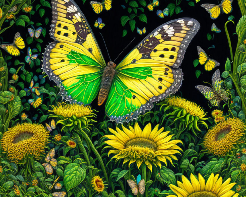 Colorful Butterfly Among Sunflowers and Greenery