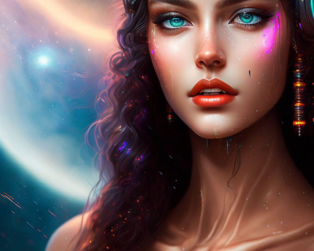 Stylized female cyborg with cybernetic headgear and galaxy backdrop