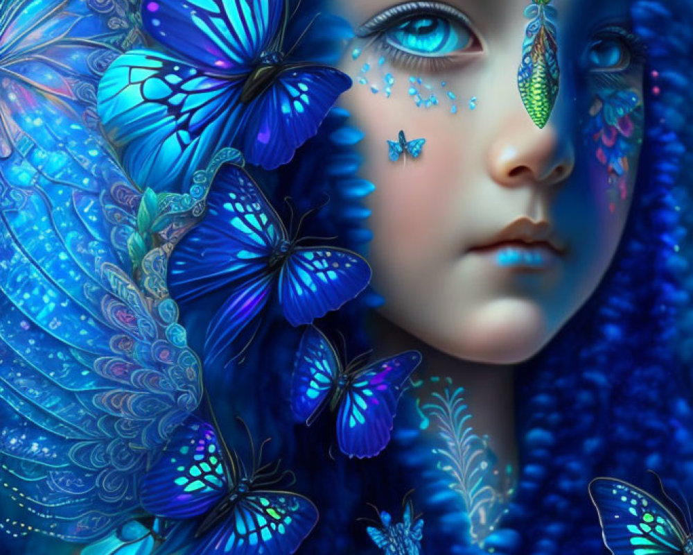 Digital Artwork: Girl with Blue Butterflies and Ornate Designs in Mystical Setting
