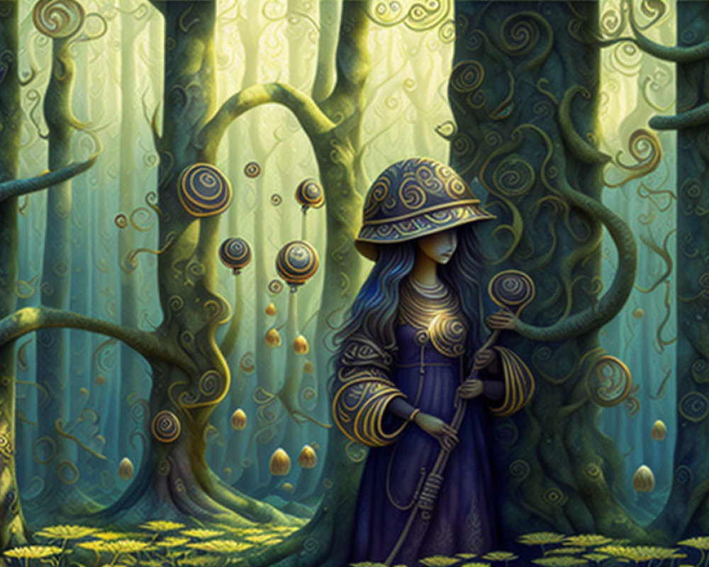 Mystical figure in purple robe with staff in enchanted forest