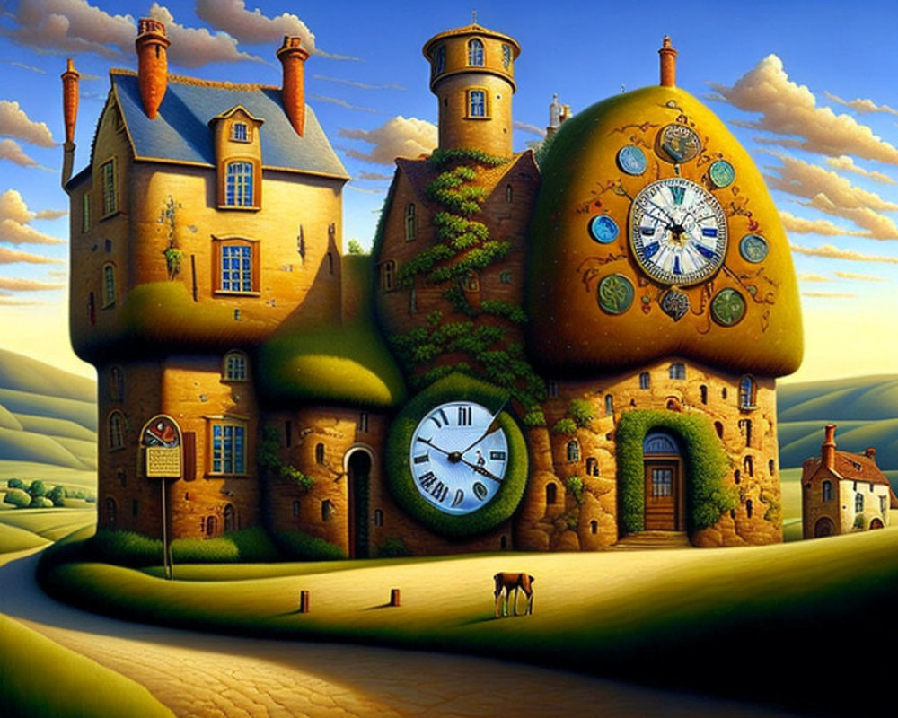 Castle and Clocks Painting with Grazing Cow on Rolling Hills