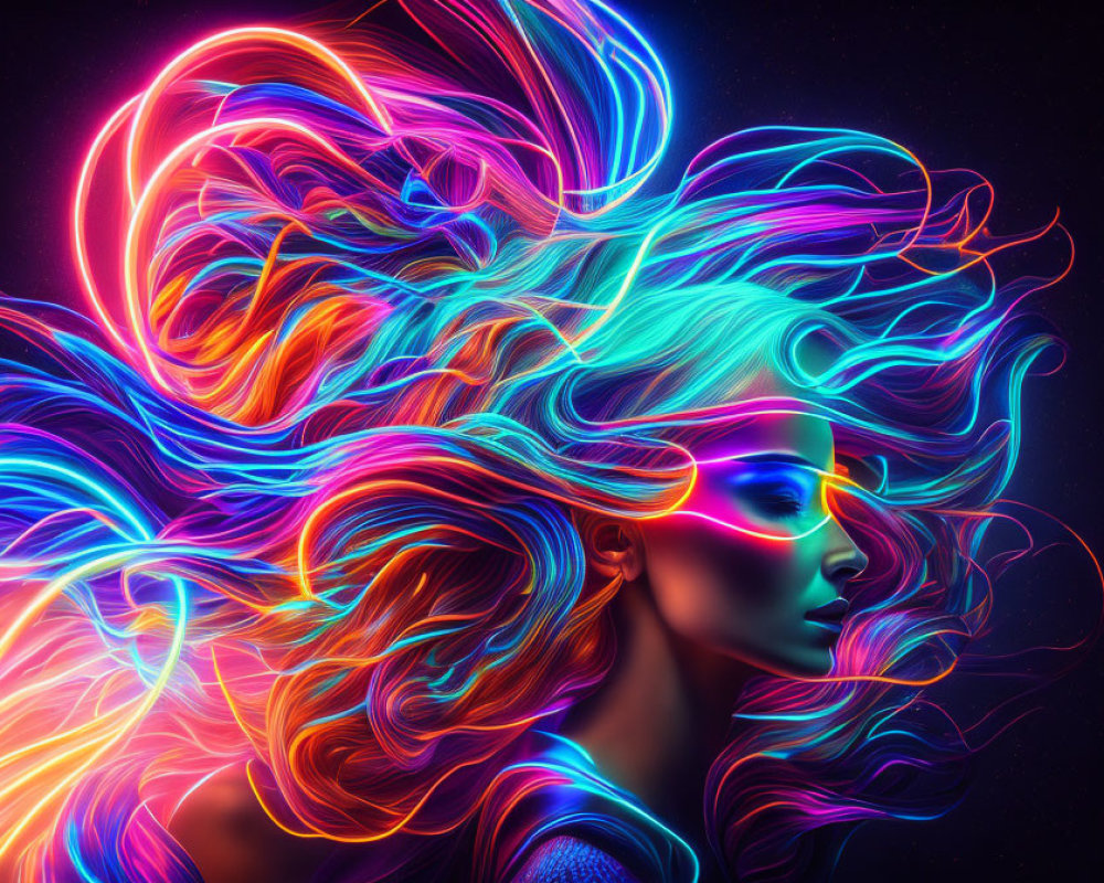 Colorful digital artwork: Woman's profile with neon hair on dark background