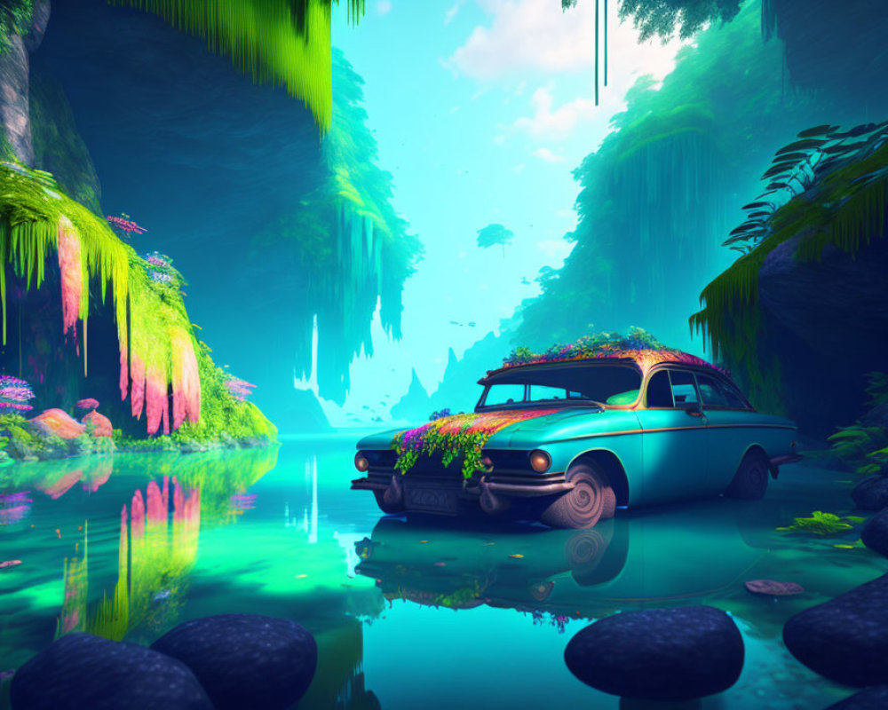 Vintage car covered in flowers in mystical blue lagoon with lush greenery