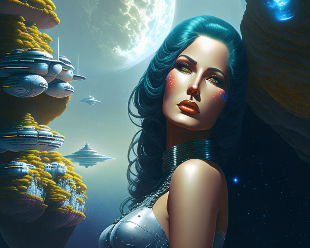Futuristic digital artwork of woman with blue hair and spaceships in sci-fi setting