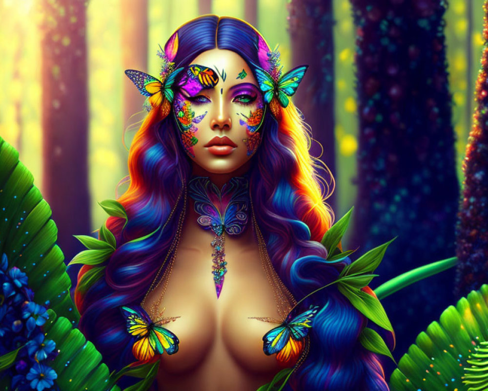 Fantasy woman with blue-violet hair and butterflies in mystical forest