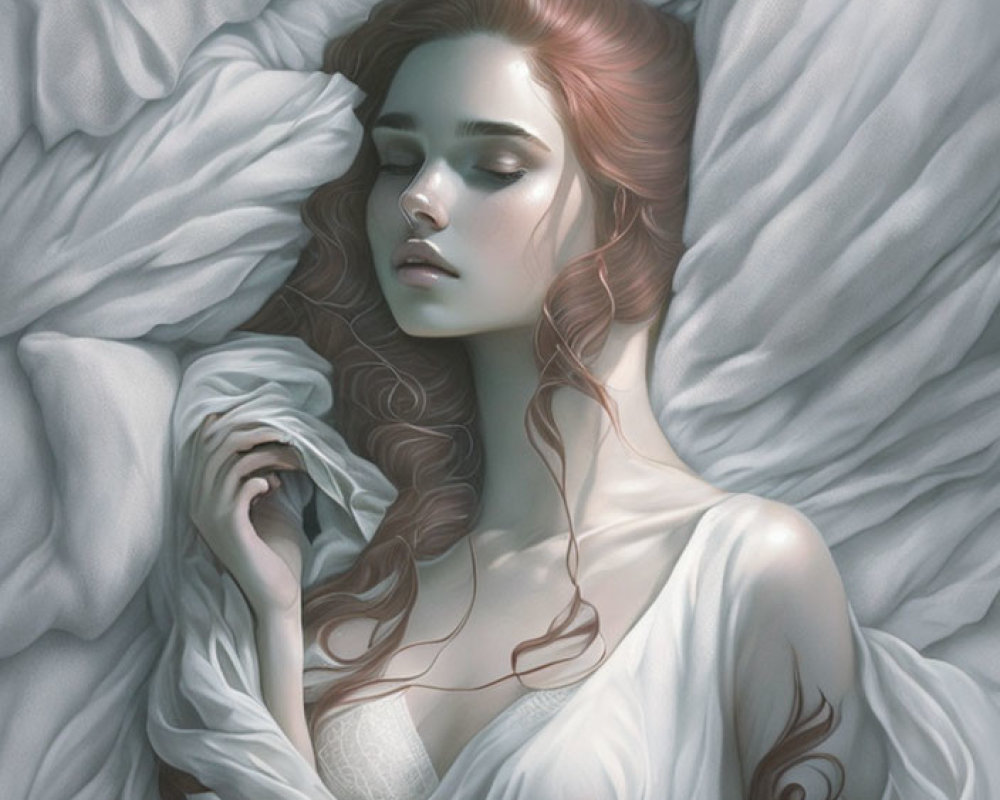Red-haired woman in white bedding gazes thoughtfully in sheer garment