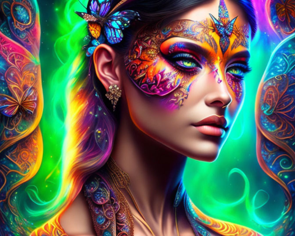 Colorful Digital Artwork: Woman with Butterfly Makeup & Neon Fantasy Background