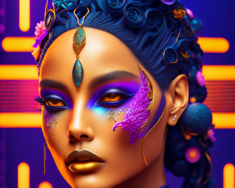 Vibrant digital art portrait of a woman with blue and orange makeup in neon-lit setting