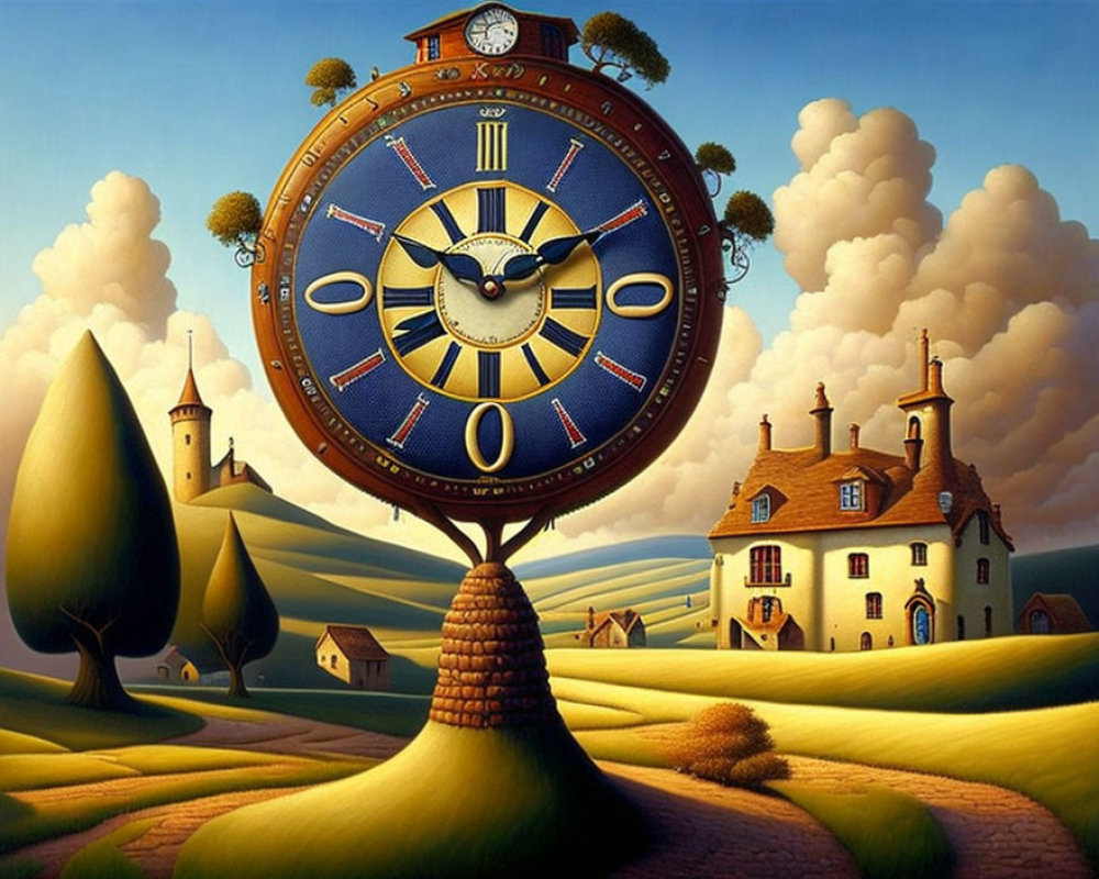Surreal artwork of ornate clock in whimsical landscape