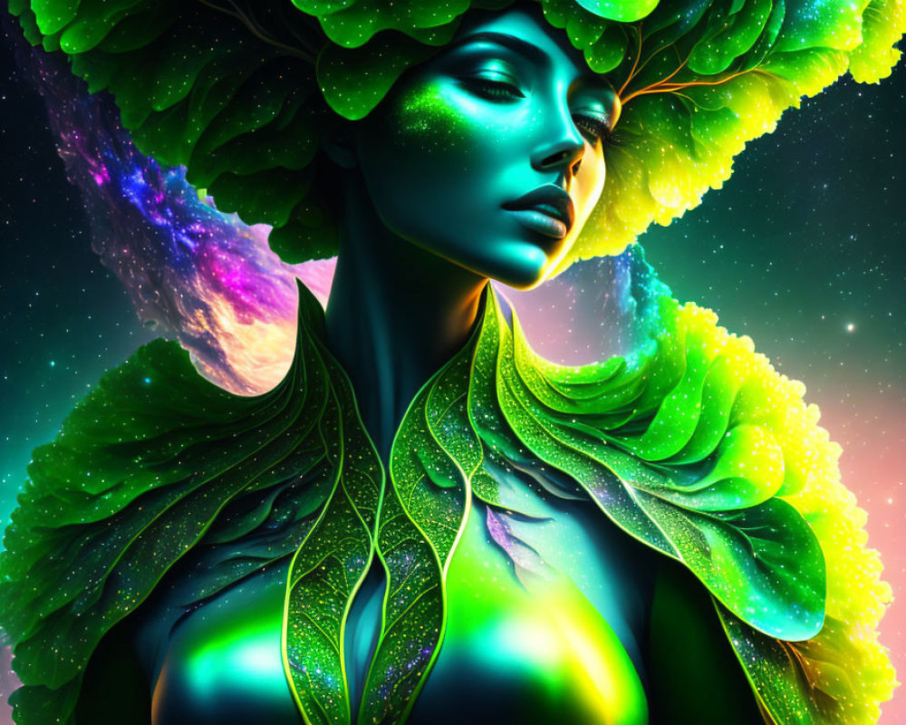 Colorful Nature-Inspired Artwork of Woman with Leaf-Like Hair
