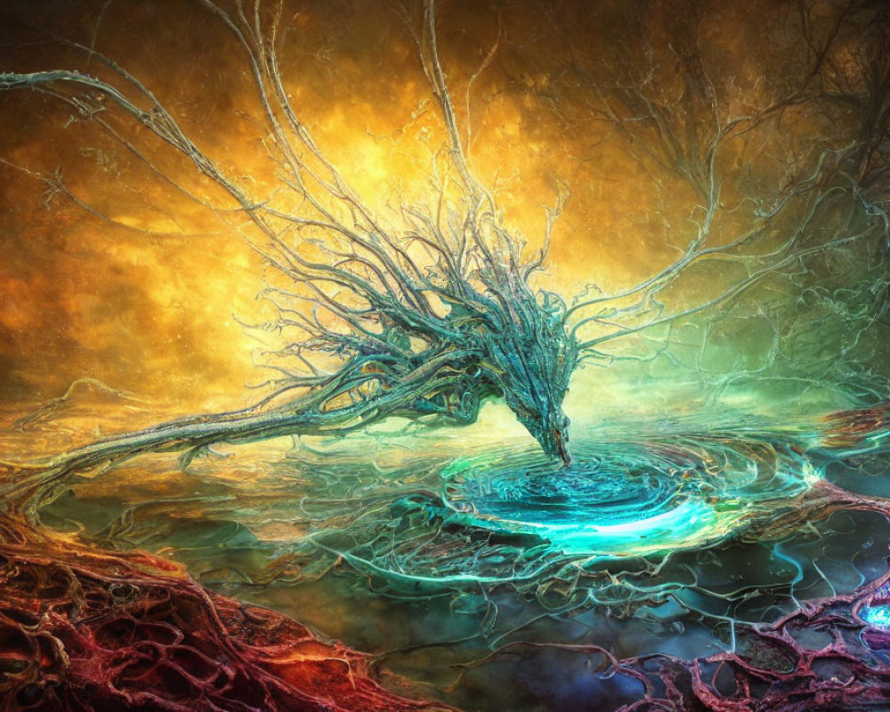 Mystical tree with twisted branches over glowing vortex on golden backdrop