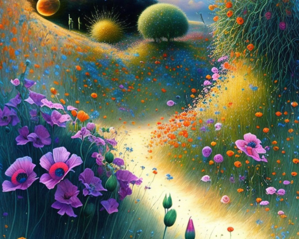 Colorful flower-lined pathway painting under twilight sky