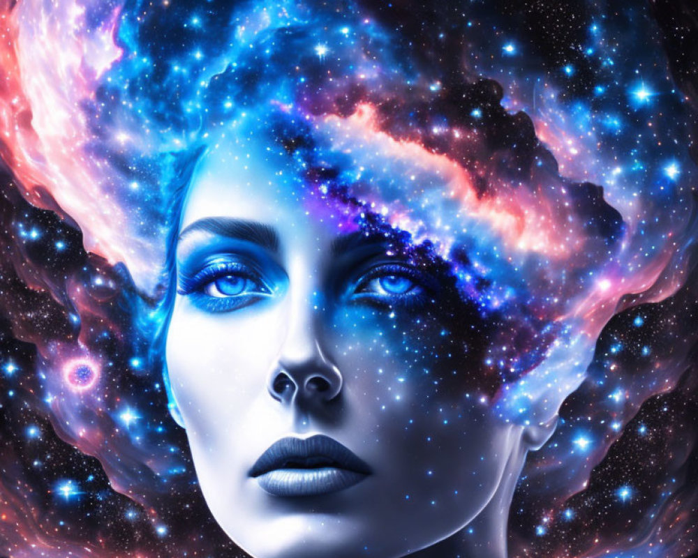 Digital Artwork: Woman's Face Blended with Cosmic Nebula