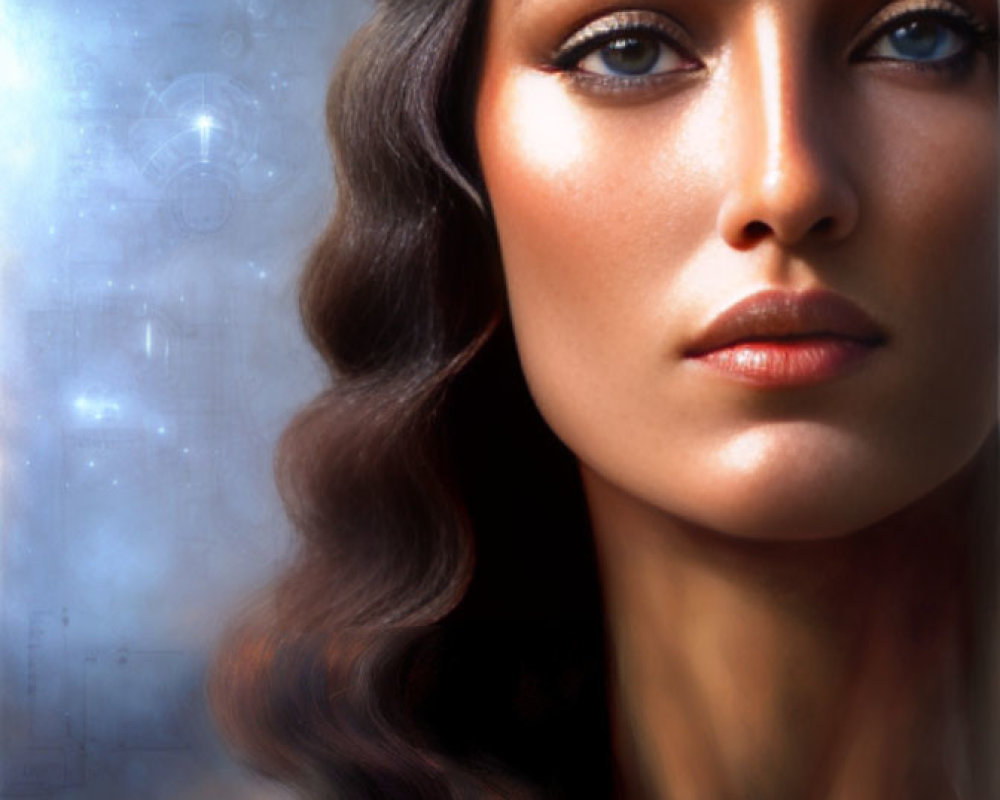 Digital artwork: Woman with dark hair, striking eyes, earring on blue abstract background