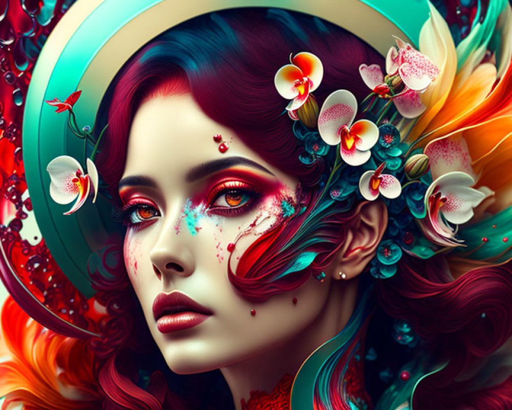 Colorful digital artwork: Woman with red hair, flowers, and hummingbirds