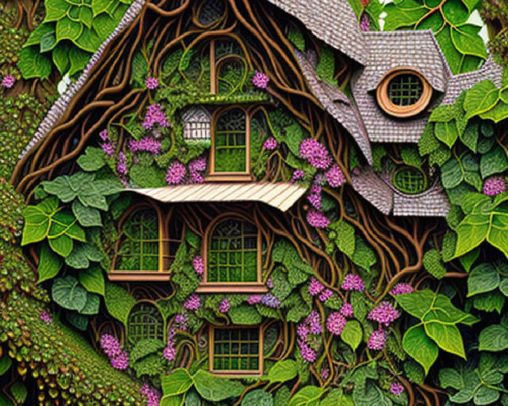 Illustration of whimsical fairy tale house in lush greenery