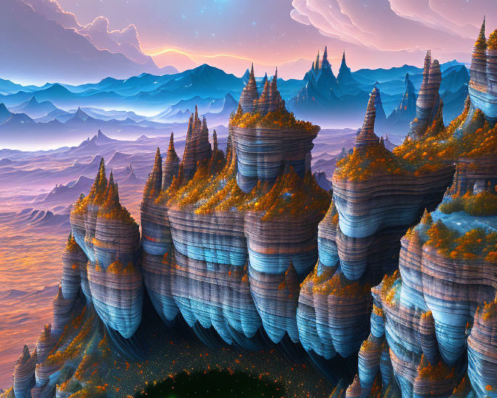 Striated rock formations and orange foliage under a twilight sky in an otherworldly landscape