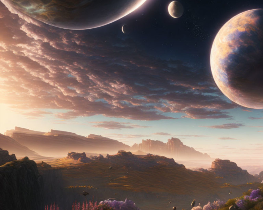 Tranquil landscape with abundant flora under a celestial sky