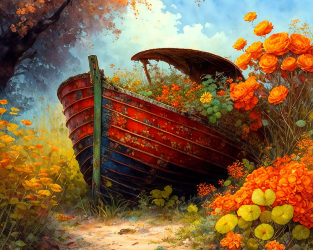 Red wooden boat filled with orange flowers in lush garden with blue skies.