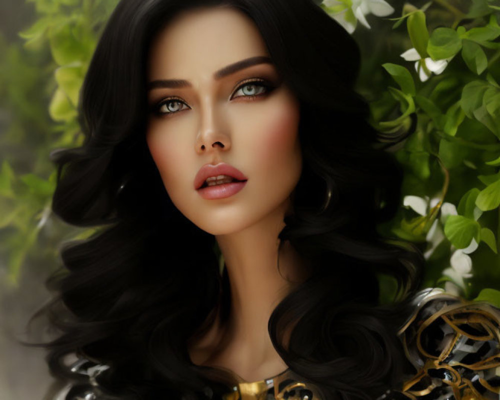 Portrait of a woman with black hair, blue eyes, and flowers.
