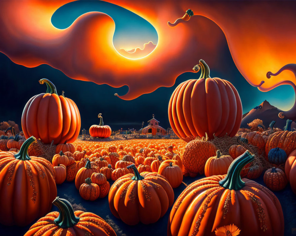 Vivid pumpkin patch at dusk with oversized pumpkins and crescent moon