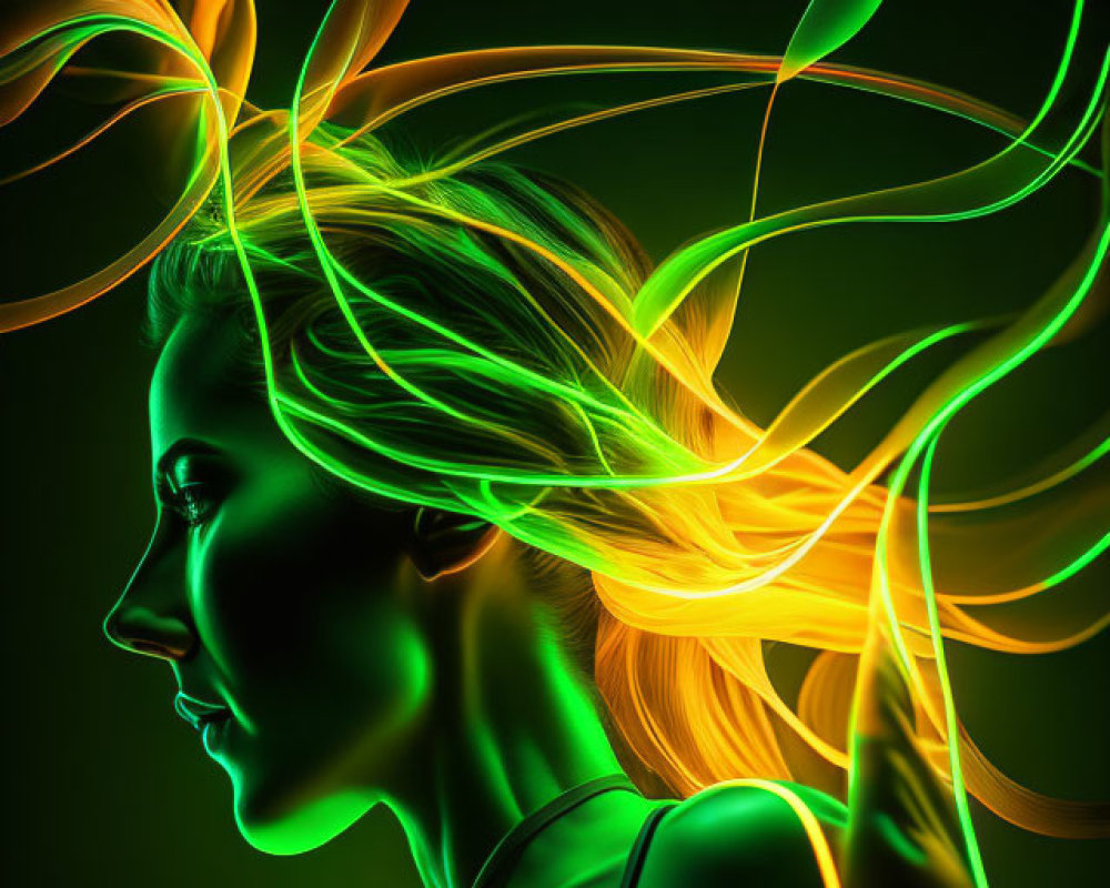 Vibrant neon hair profile on dark background