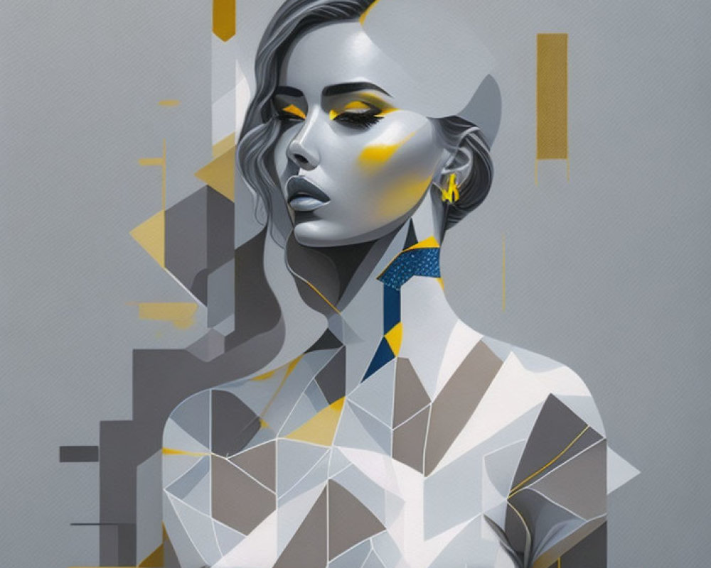 Geometric-patterned woman portrait with gold accents on textured grey background