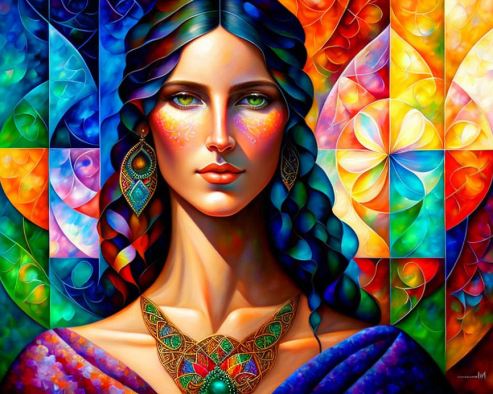 Colorful Portrait of a Woman with Geometric Backgrounds
