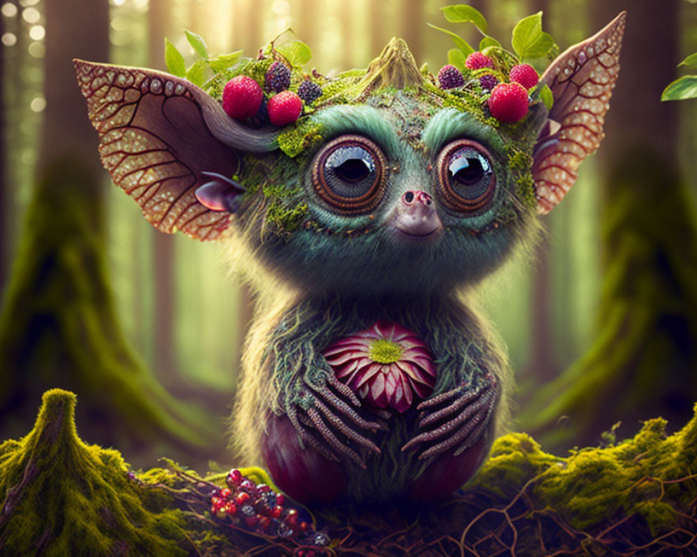 Fantastical creature with large eyes, leafy ears, and a flower belly in mossy forest
