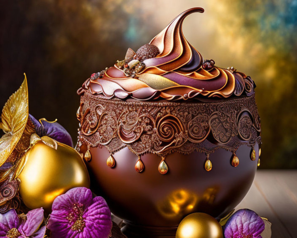 Luxurious Chocolate Dessert with Gold Details and Purple Flowers