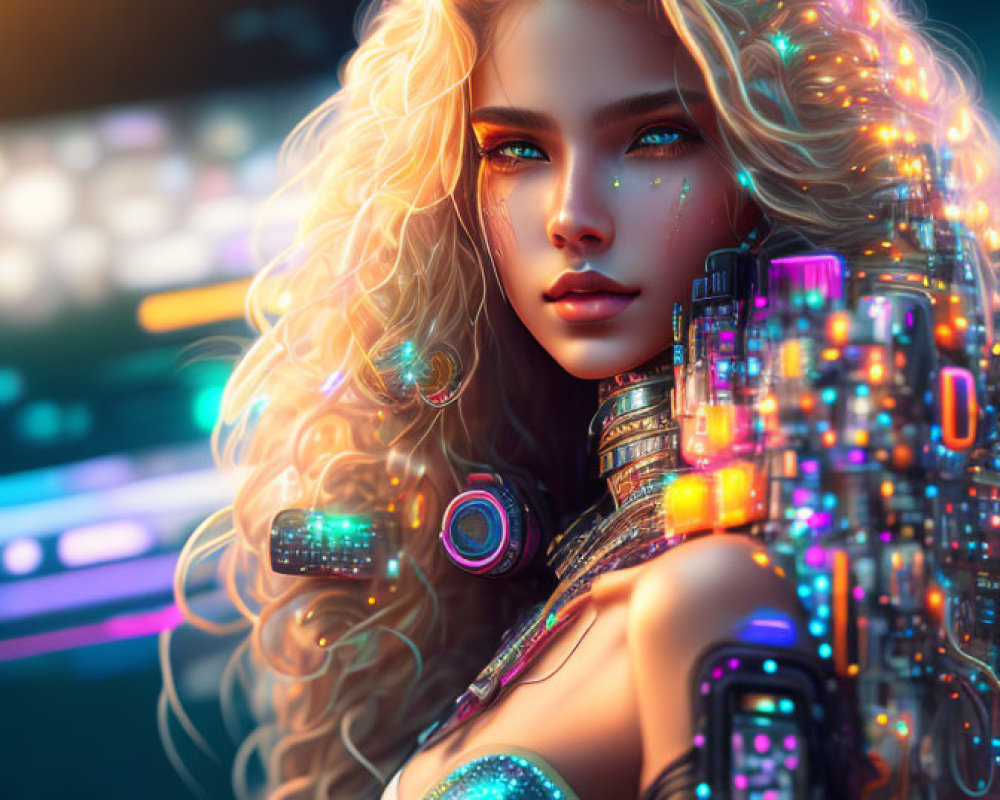 Futuristic digital artwork of a woman with cybernetic enhancements