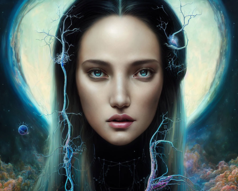 Celestial-themed digital painting of woman with stars, nebulas, branches, and creatures.