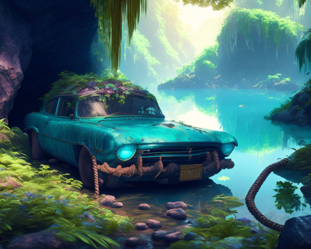 Vintage car overtaken by plants in lush cave with blue pond & vines